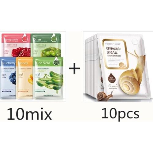 20pcs BIOAQUA Sheet Mask Snail Essence Dope Korea Skin Care Face Mask Combo Plant Extract Aloe Vera Olives Honey Facial Mask