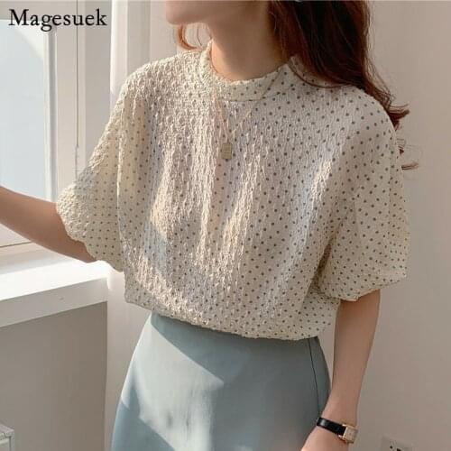 Korean Fashion Summer Polka Dot Women Tops New Casual Short Sleeve Womens Shirts Loose Pleated Woman Blouses Blusas Mujer 14294