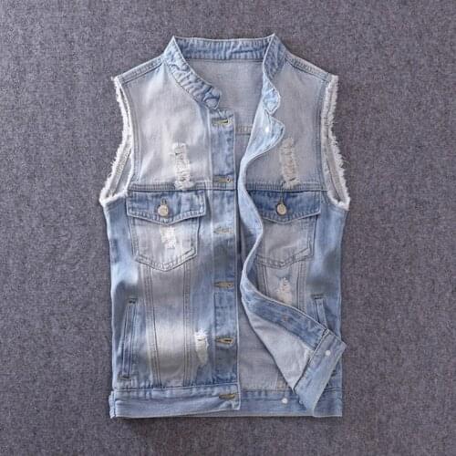 2020 Spring Summer Korean Slim Light Blue Men Denim Vest Sleeveless Ripped Hole Jeans Coat Waistcoat Casual Male Fashion Clothes