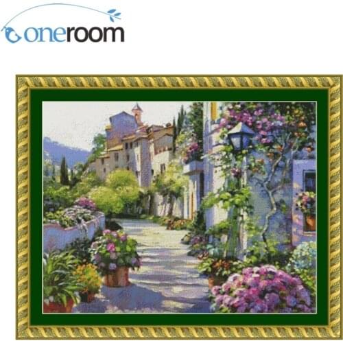 Oneroom 67*57 Flower House Path Counted Cross Stitch Cartoon Cross Stitch 14CT Cross-Stitch Kit Handmade Embroidery Needlework