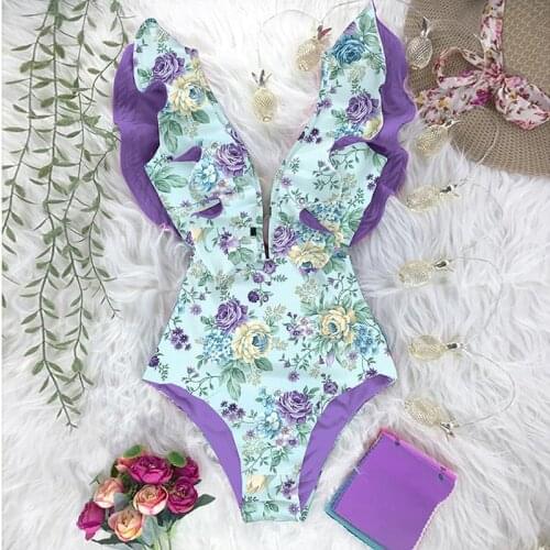 2021 New Print Swimwear Deep V-neck Ruffle Swimsuit Push Up One Piece Swimsuit Beach Wear Backless Monokini