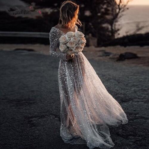 New Tulle Sequin Prom Dress Photograyphy Shoot Long Sleeves V-neck Floor Length Evening Dress Illusion robe de soirée de mariage