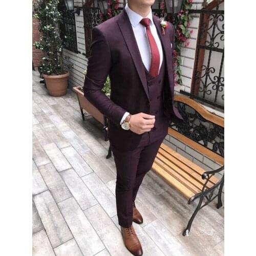 New Arrival Men Suits Dark Purple Groom Tuxedos Peak Lapel Groomsmen Wedding Best Man 3 Pieces ( Jacket+Pants+Vest+Tie ) C907