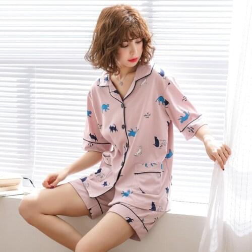 Women new 2019 summer pajamas short sleeve shorts cardigan suit casual cute thin section girls pajama sets pajama set