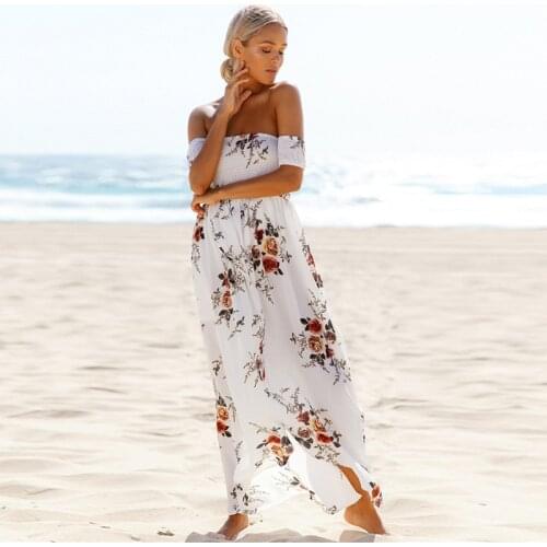 Boho style long dress women Off shoulder beach summer dresses Floral print Vintage chiffon white maxi dress vestidos de festa