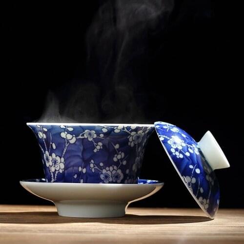 Blue and White Porcelain Blue and White Prunus Mume Tureen Large Ceramic Cup Three-Piece Tea Bowl Kung Fu Tea Set Gaiwan