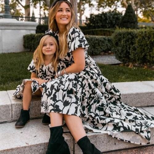 England Print Dresses for Mom and Daughter Mommy Me Lace-up Dress Women Casual Clothes Girl Garden Play Long Dress Free Shipping