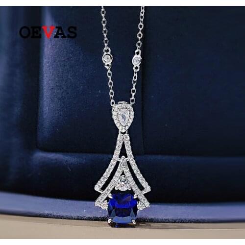 OEVAS 100% 925 Sterling Silver 8mm Sapphire High Carbon Diamond Pendant Necklace For Women Sparkling Wedding Party Fine Jewelry