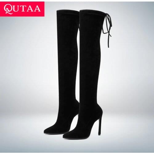 QUTAA 2020 Women Boots Lace Up Over The Knee Boots Fashion Pointed Toe Thin High Heel Winter Woman Shoes Long Boot Size 34-43