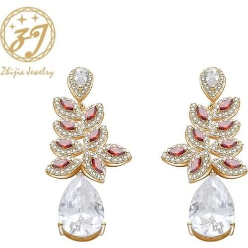 Zhijia crystal rhinestone zircon leaf shape stud earrings for women luxury elegant women earrings party wedding jewelry