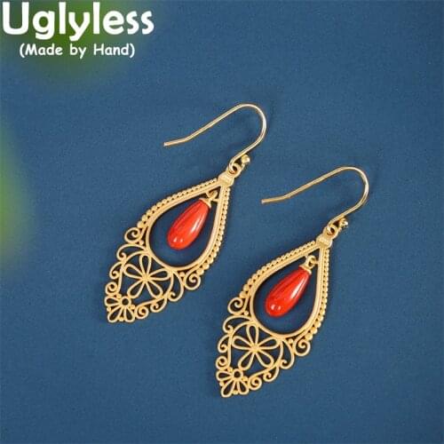 Uglyless Water Drop Hollow Gold Flowers Earrings for Women Agate Dangle Earrings Island Style Summer Dress Jewelry 925 Silver