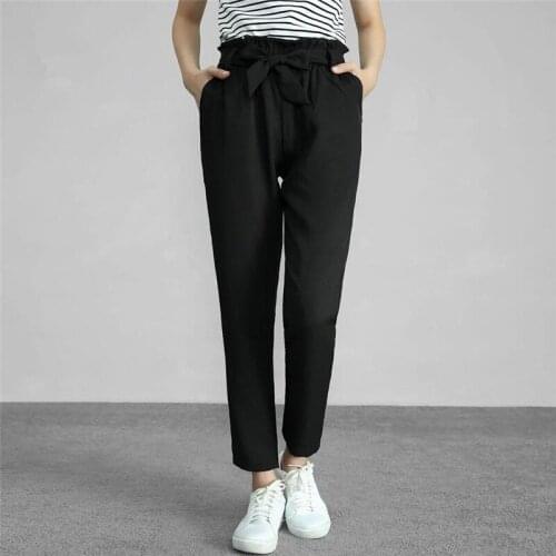 2020 Office Ladies Chiffon Pencil Pants Fashion High Waist Tie Sashes Women Trousers Solid Slim Plus Size 6XL Ankle Length Pants