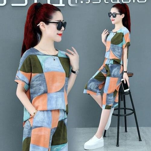 Large Size Women 2 Piece Set Loose Print Short-sleeved T-shirt Tops + Pants Suits Casual Printed Summer Clothes Plus Size Y936