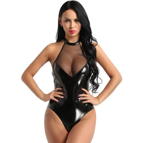 Women Sexy Lingerie One-piece Black Bodysuit Shiny Wetlook Leather Mesh Patchwork Jumpsuit Sleeveless Backless Bodysuit Clubwear