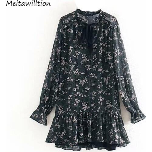 Women Bow Floral Print Chiffon Dress 2020 Casual Long Sleeve Loose Pleated Ladies Dress Vintage Ruffles Party Dresses Vestido