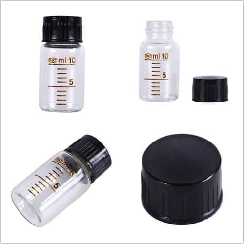 1Pcs 10ml Round Glass Reagent Bottle Screw On Cover Graduation Sample Vials Plastic Black Screw Cap Graduated