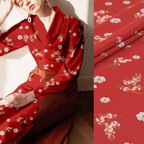 140CM 16MM Small White Floral Print Thin Red Silk Crepe De Chine Fabric for Summer Dress Blouse Skirt Shirt Scarf Pants J069