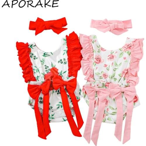 2021 0-24M Cute Baby Girl Playsuit Big Bow Ruffle Sleeveless Backless Tunic One Piece Romper+Headband 2pcs Summer New Outfits