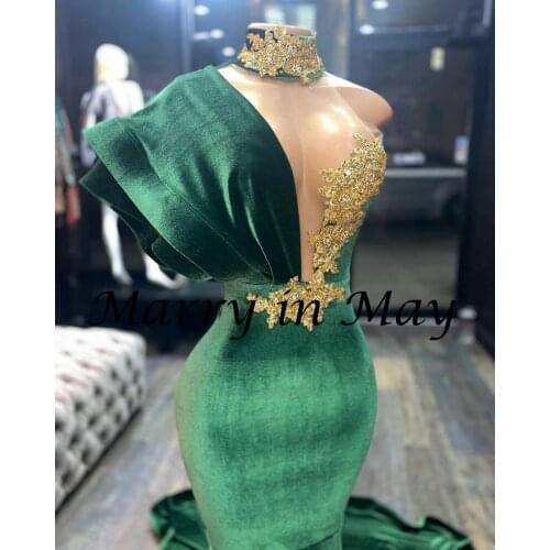 2021 Hunter Green Velvet Mermiad Prom Party Dresses With Gold Lace High Neck Sweep Train Plus Size Formal Evening African Gowns