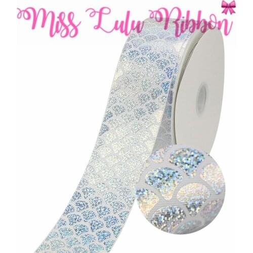 3"75mm Scale Pattern Silver Hologram Foil Printed White Grosgrain Ribbon DIY Party Decor Gift Packing 50yards/roll