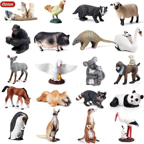 Oenux Wild Farm Animals Simulation Pig Horse Hen Kangaroo Orangutan Action Figures Animals Cub Model PVC Figurines Kids Toy