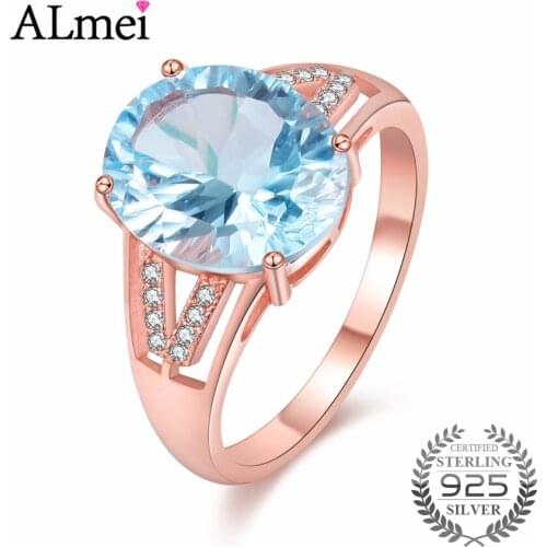 Almei Light Blue Topaz Zircon Ring with CZ Stone 925 Sterling Silver Women Rose Gold Color Wedding Rings Jewelry with Box CJ042