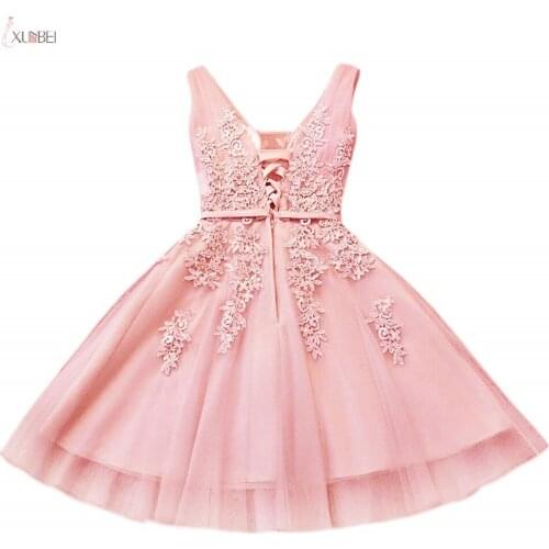 Short Pink Prom Dresses 2019 Elegant A line Lace Applique Gown Double V Neck Sleeveless vestidos de gala Real Photo