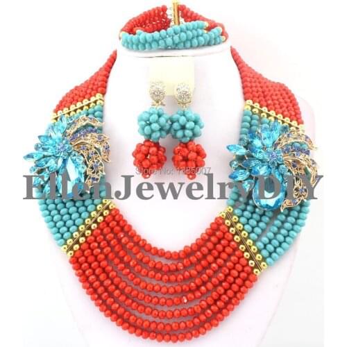 Red and blue African Beads Jewelry Set for Nigerian wedding bridal dubai Crystal Beads women statement Necklace SetW8002