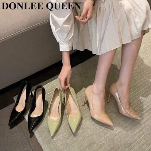 Fashion Thin High Heel Shoes Women Pumps Solid Pointed Toe Shallow Patent PU Shoe Spring Autumn Elegant Office Dress Party Shoes