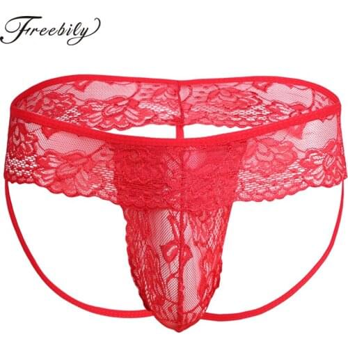 Men Lingerie Panties Lace Bikini Male Gay T-Back Underwear Underpants See-through Bulge Pouch String Homme Underwear