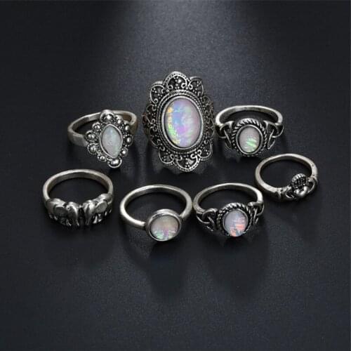 Charm Bohemia Tibetan Stone Opal Rings Set For Woman Fashion Bijoux Silver Color Flower Heart Elephant Ring Vintage Jewelry Gift