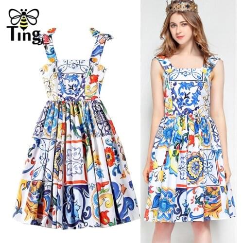 Tingfly Vintage Print Strap Tie Up Summer Sleeveless Party Mini Dresses Retro Elegant A Line Short Dress Street Chic Vestidos D