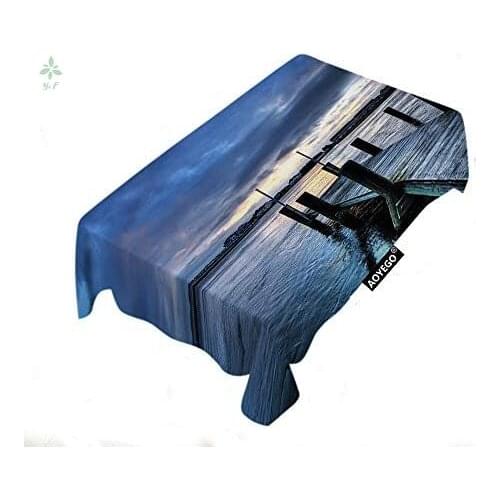 Landscape Tablecloths Rectangle Nature Pier Shore River Bridge Lake Sunshine House Sky Cloud Wavy Home Table Cover Decor Dining