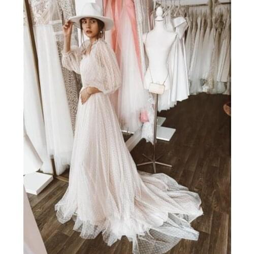 Wedding Dress Sweetheart A-Line Stunning Long Sleeve Puff Sweep Train Robe De Mariee Bridal Gowns Point Net For Lady Graceful