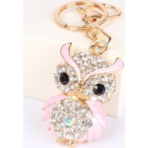 Light Pink Owl Bird Pendant Charm Rhinestone Crystal Purse Bag Keyring Key Chain Wedding Party Gift