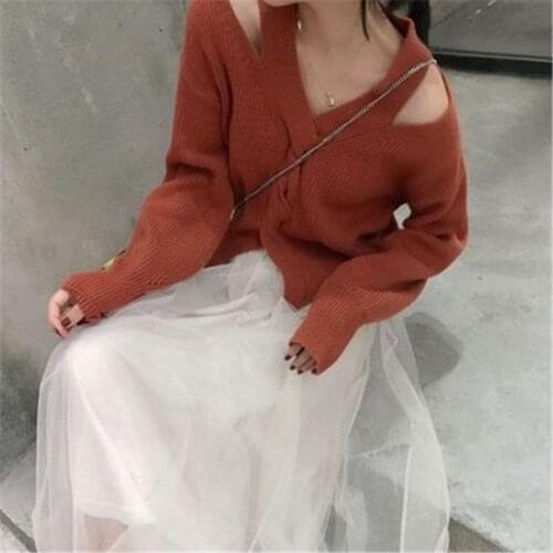 Vintage Womens Sweater Solid Color V-neck Stylish Off Shoulder Long Sleeve Knit Carigans Female Loose Stright Thicken 2021