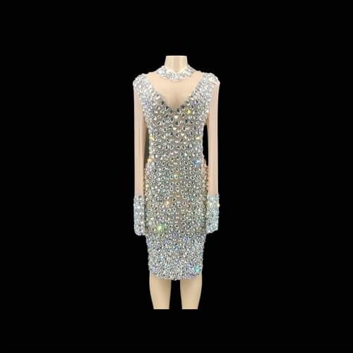 ZD Big Rhinestones Nude Transparent Short Dress Wedding Party Prom Birthday Celebration Crystals Stage Singer Host Mesh Dress