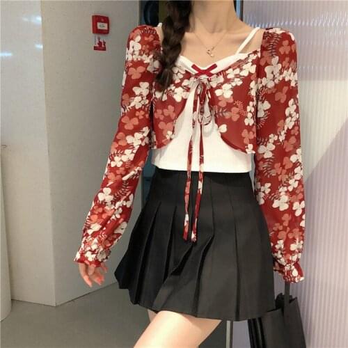 Spring Autumn Flower Shirt Women Off Shoulder Elegant Blouse Fake Two Piece Print Long Sleeve T-Shirt Y2k Aesthetic Crop Top