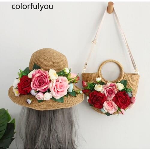 Handmade Half-Round Rattan Woven Straw Bag 2021 Summer Women Flowers Messenger Crossbody Bags Girls Small Beach Handbag with Hat