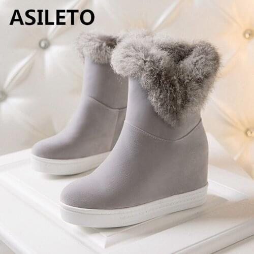 ASILETO Womens half boots Fur Wedges Slip on Flock Female mujer Increased Solid Round toe Fashion Warm boots Ankle boot S2403