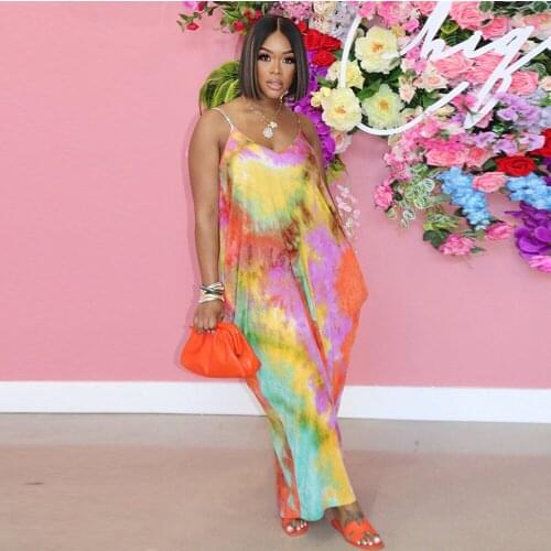 Gradient Color Tie Dyeing Print Loose Maxi Dress Women Spaghetti Strap Low Neck Bohemian Dress Summer Backless Beach Vestidos