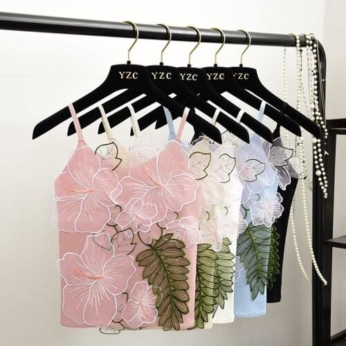 2021 Fashion Spring Summer Sexy Women Knitting Camis Tops Patched Embroideried Floral Mesh Tank Tops For Female Small Fresh Girl