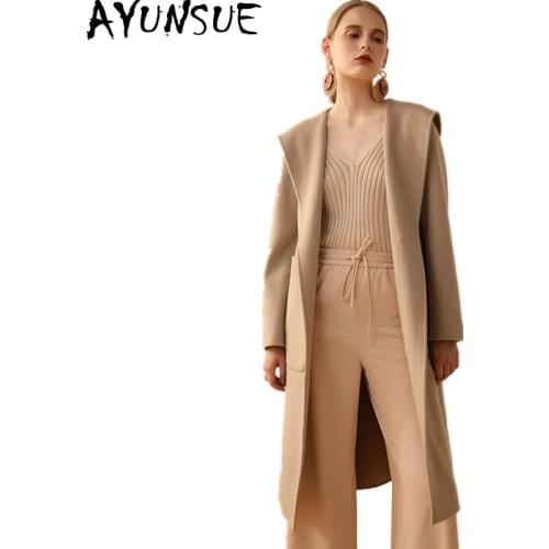 AYUNSUE 2020 Fashion Double-sided Wool Coat Female Long Autumn Winter Jacket Women Loose 100% Wool Coats Hooded With Belt 1710