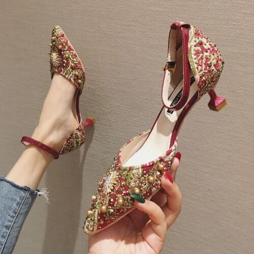 Ladies Floral buckle strap sandals summer cutout thin heels pointed toe shoes woman glitter metal studs crystal pumps high heels