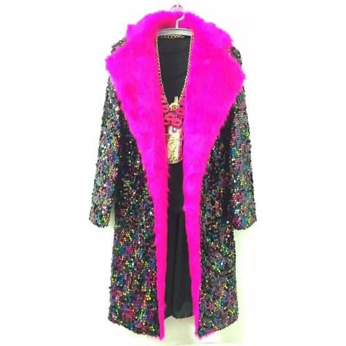 Nightclub Male singer DG style Fluorescent light sequins baseball Jacket Winter long design fur coat costumes Stage show wear