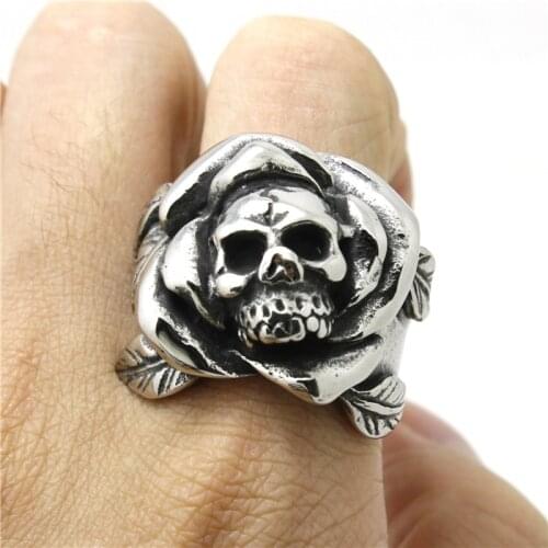 Fashion Rose Evil Skull Mens Ring 316L Stainless Mens Punk Skull Ring