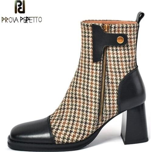 Fashion Retro Plaid Leather Stitching Fashion Boots Autumn and Winter New Square Toe Thick Heel Side Zipper Short Boots Women