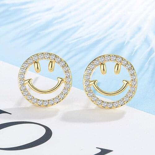 Fashion Cute Chic Smile Face Crystal Zircon Diamonds Gemstones Stud Earrings for Women Girl Gold Color Jewelry Accessories New