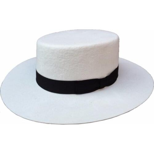 White Panama Wool Boater Porkpie Flat Top Crown Fedora Hat For Women