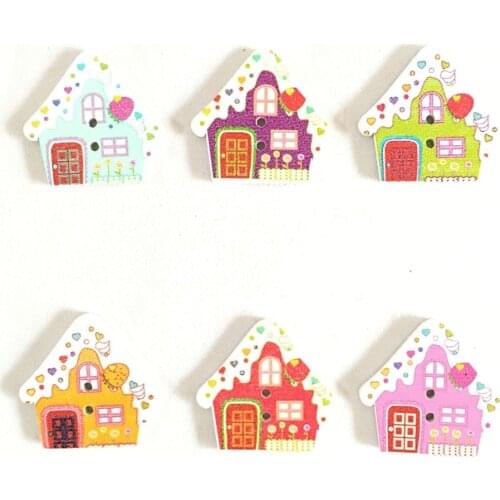 50PCs Colorful Cartoon Small house Cute Wood Sewing Button 2 Holes For Sewing ,DIY,Decorate 7NK216